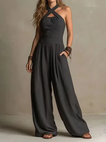 Women's Elegant Halter Neck Knitted Jumpsuit Hollow Out Sleeveless Wide Leg Pants Fashion High Waist Summer Top And Bottom