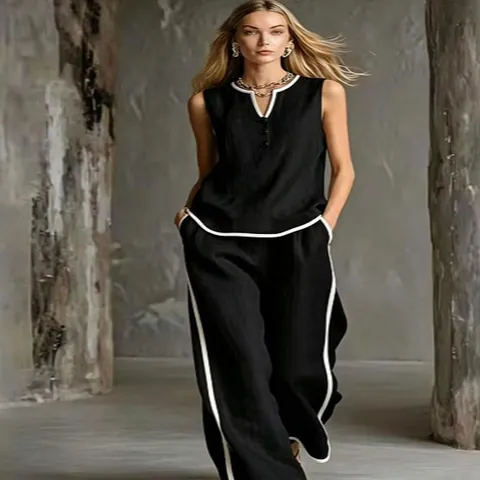 Completo da Donna Estivo Senza Maniche Scollo a V Bordi a Contrasto Top e Pantaloni a Gamba Larga Minimalista Elegante Casual