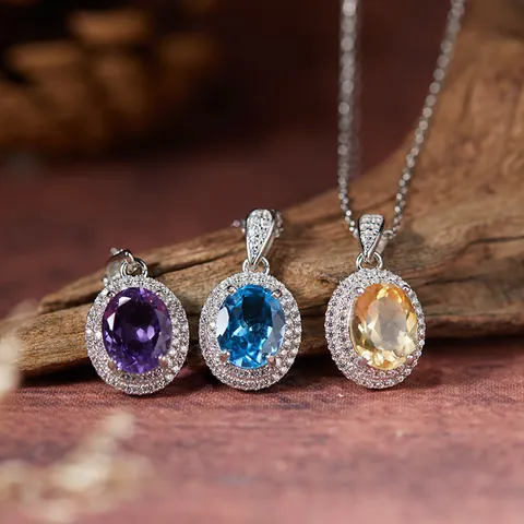 Natural Amethyst Blue Topaz Citrine S925 Sterling Silver Pendant Necklace for Women Vintage Oval Halo Rhinestone Inlaid Jewelry