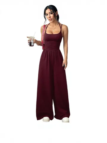 Women Sexy Polyester Spaghetti Strap Jumpsuit Summer Casual Ruched Waist Sleeveless Wide Leg Romper Top And Bottom