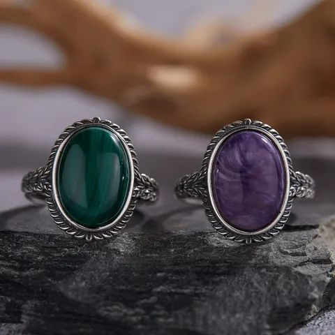 Vintage S925 Sterling Silver Oval Ring For Women Natural Malachite Charoite Thai Silver Antique Finish Open Adjustable Ring Jewelry