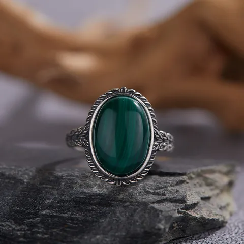 Vintage S925 Sterling Silver Oval Ring For Women Natural Malachite Charoite Thai Silver Antique Finish Open Adjustable Ring Jewelry