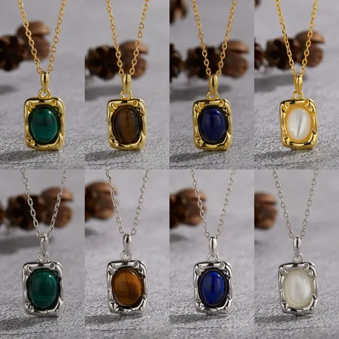 925 Sterling Silver Natural Gemstone Pendant Necklace Malachite Lapis Tiger Eye Mother Of Pearl Retro Clavicle Chain Jewelry