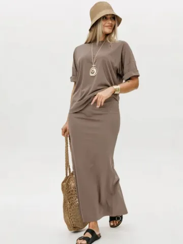 Women Casual Short Sleeve T-Shirt And Maxi Skirt Top And Bottom Solid Color Relaxed Fit Knitted Loungewear Summer Vacation Outfit