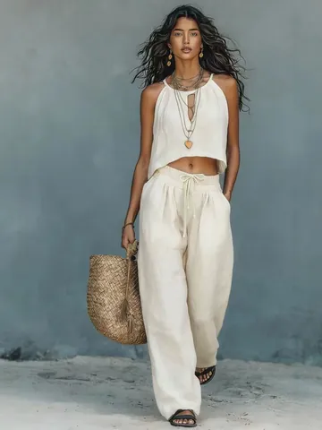 Women Bohemian Halter Crop Top And Wide Leg Pants Two Piece Set Summer Casual Vacation Polyester Top And Bottom Outfit