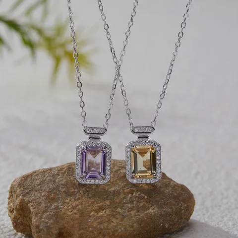 Emerald Cut Square Natural Gemstone Pendant Necklace 925 Sterling Silver Chain Elegant Topaz Amethyst Citrine Jewelry Gift