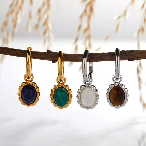 925 Sterling Silver French Vintage Oval Natural Lapis Lazuli Malachite Tiger Eye Mother Of Pearl Earrings Pendant Necklace For Women