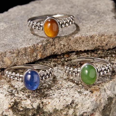 925 Sterling Silver Retro Thai Silver Ring For Women Natural Jasper Tiger Eye Blue Kyanite Inlaid Oval Gemstone Adjustable Open Ring