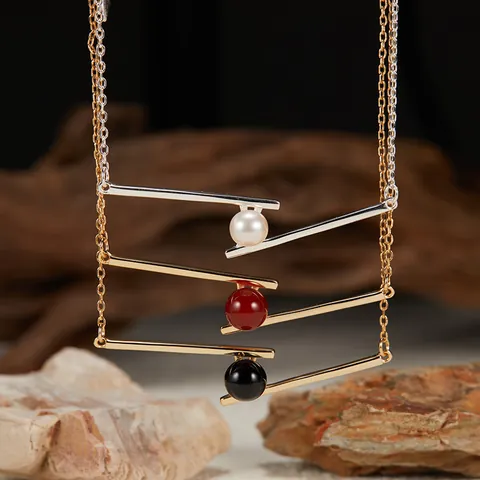 Minimalist 925 Sterling Silver Geometric Bar Pendant Necklace For Women Natural Freshwater Pearl Agate Clavicle Chain Jewelry