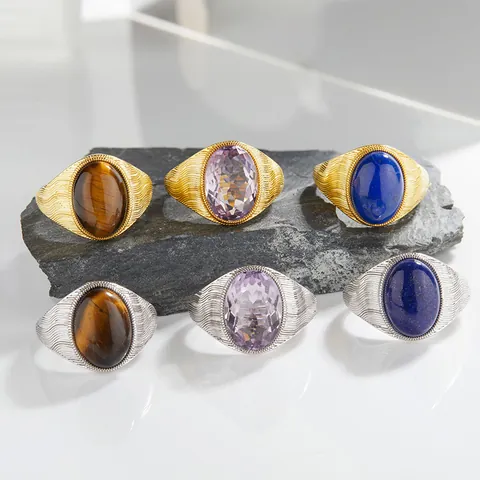 Vintage S925 Sterling Silver Natural Gemstone Open Ring Adjustable Tiger Eye Lapis Lazuli Amethyst Jewelry Ring For Women
