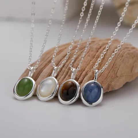 925 Sterlingsilber Natürlicher Jaspis Tigerauge Kyanit Weiße Muschel Halskette Armband Für Damen Koreanischer Minimalist Ovaler Edelstein Schmuck