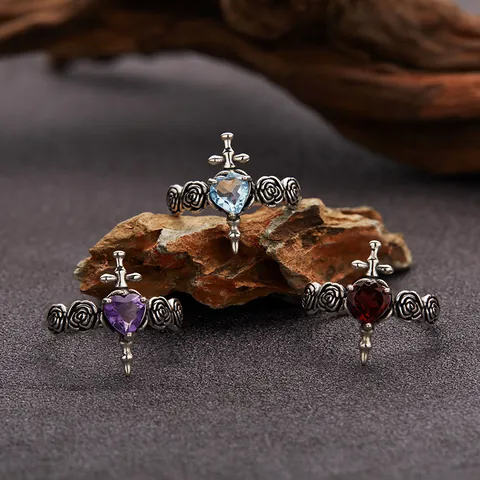 925 Sterling Silver Vintage Gothic Cross Heart Natural Gemstone Open Ring Rose Embossed Adjustable Retro Jewelry For Women