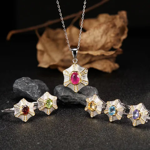 925 Sterling Silver Natural Gemstone Jewelry Set Women Retro Starburst Topaz Garnet Tanzanite Necklace Earrings Ring Rhinestone Inlaid Accessory