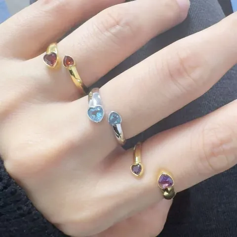 S925 Sterling Silver Natural Amethyst Garnet Topaz Heart Open Ring For Women Adjustable Gold Silver Plated Gemstone Jewelry