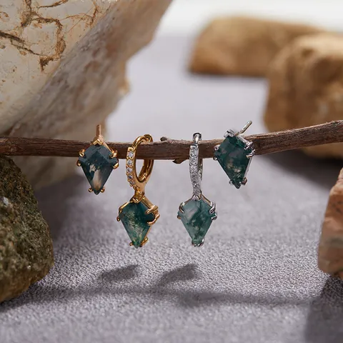 S925 Sterling Silver Moss Agate Asymmetric Earrings For Women Kite Cut Agate Rhinestone Hoop And Stud Earrings Natural Stone Jewelry