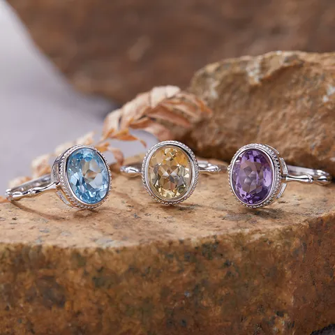 925 Sterling Silver Natural Gemstone Adjustable Ring For Women Vintage Bamboo Design Charoite Lapis Lazuli Tiger Eye Jewelry Gift