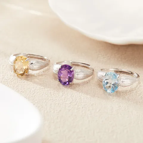 Anello in Argento Sterling S925 Topazio Naturale Ametista Citrino Texture Foglia Anello Aperto Regolabile per Donna Gioielli Eleganti
