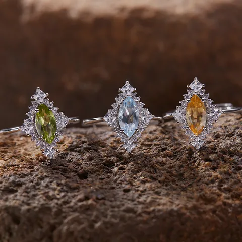 Anillo de Plata de Ley 925 Corte Marquesa con Piedras Preciosas Peridoto Topacio Granate Citrina Joyas Vintage de Strass para Mujer