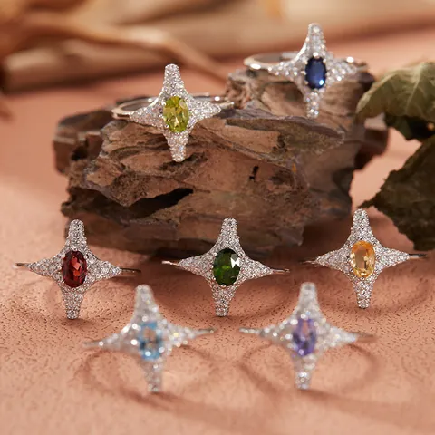 925 Sterling Silver Four-pointed Star Natural Gemstone Ring For Women Vintage Inlaid Amethyst Citrine Rhinestone Adjustable Open Ring