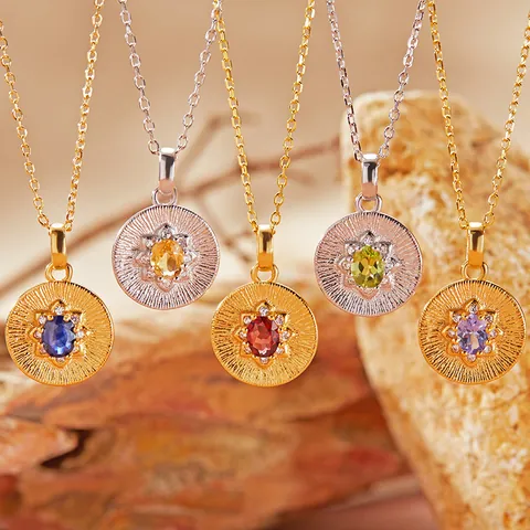 Natural Tanzanite Topaz Garnet Diopside Pendant Necklace 925 Sterling Silver Sunburst Disk Chain Necklace For Women Jewelry Gift