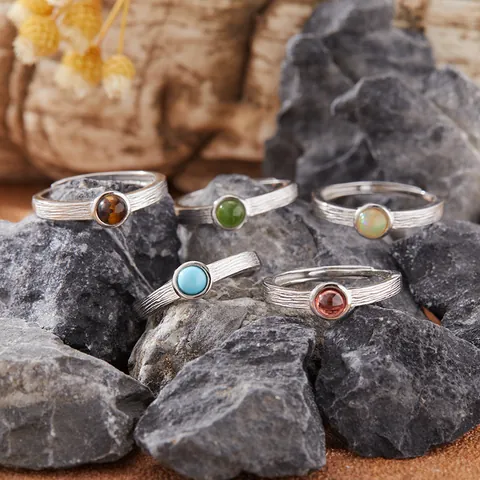 S925 Sterling Silver Natural Gemstone Ring For Women Textured Frosted Adjustable Open Ring Vintage Jewelry Garnet Jade Opal