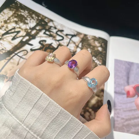 Anello in Argento Sterling S925 Topazio Naturale Ametista Citrino Texture Foglia Anello Aperto Regolabile per Donna Gioielli Eleganti