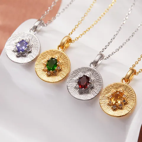 Natural Tanzanite Topaz Garnet Diopside Pendant Necklace 925 Sterling Silver Sunburst Disk Chain Necklace For Women Jewelry Gift