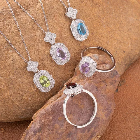 925 Sterling Silver Natural Peridot Amethyst Garnet Citrine Topaz Diopside Pendant Necklace For Women Oval Gemstone Clavicle Chain Jewelry