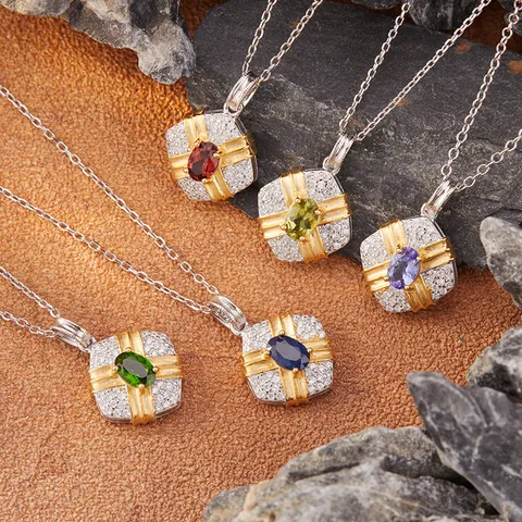 925 Sterling Silver Natural Sapphire Pendant Necklace For Women Two-tone Gift Box Design Elegant Rhinestone Clavicle Chain Jewelry Anniversary Gift
