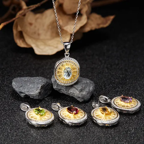 Vintage 925 Sterling Silver Natural Gemstone Pendant Necklace For Women Light Luxury Oval Round Medallion Rhinestone Necklaces Jewelry Gift
