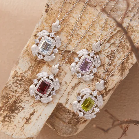 S925 Sterling Silver Natural Gemstone Pendant Necklace For Women Emerald Cut Garnet Amethyst Brushed Feather Vintage Jewelry