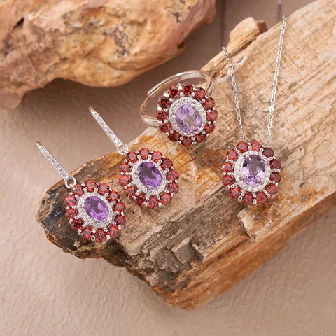 S925 Sterlingsilber Natürlicher Amethyst Citrin Anhänger Halskette Für Damen Vintage Blumen Topas Granat Aquamarin Schmuck