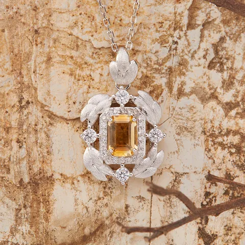 S925 Sterling Silver Natural Gemstone Pendant Necklace For Women Emerald Cut Garnet Amethyst Brushed Feather Vintage Jewelry