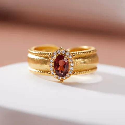 Vintage 925 Sterling Silver Natural Garnet Ring For Women Brushed Heavy Duty Gold Plated Oval Gemstone Adjustable Open Ring Jewelry