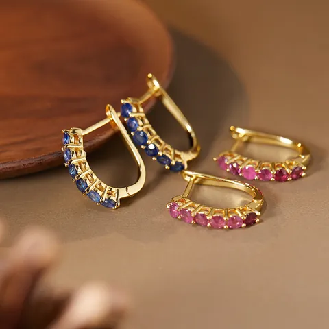 S925 Sterling Silver Hoop Earrings For Women Natural Ruby Sapphire Inlaid Geometric U-shaped Earring Jewelry Gift