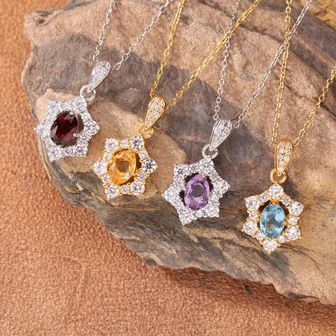 925 Sterling Silver Natural Garnet Citrine Amethyst Topaz Peridot Sun Flower Pendant Necklace For Women Elegant Jewelry