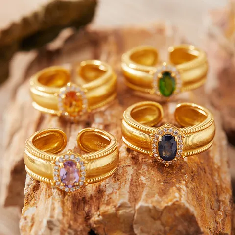 Vintage 925 Sterling Silver Natural Garnet Ring For Women Brushed Heavy Duty Gold Plated Oval Gemstone Adjustable Open Ring Jewelry