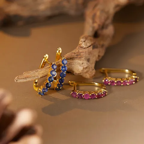 S925 Sterling Silver Hoop Earrings For Women Natural Ruby Sapphire Inlaid Geometric U-shaped Earring Jewelry Gift