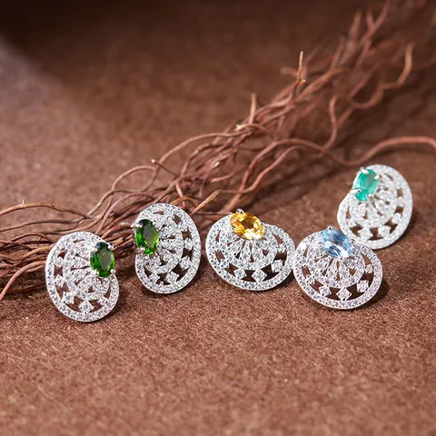 S925 Sterling Silver Natural Gemstone Stud Earrings For Women Retro Palace Style Citrine Emerald Diopside Tanzanite Sapphire Inlaid Rhinestone Jewelry