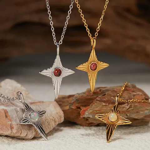 S925 Sterling Silver Natural Opal Garnet Cross Star Pendant Necklace Dainty Vintage North Star Necklace Jewelry For Women