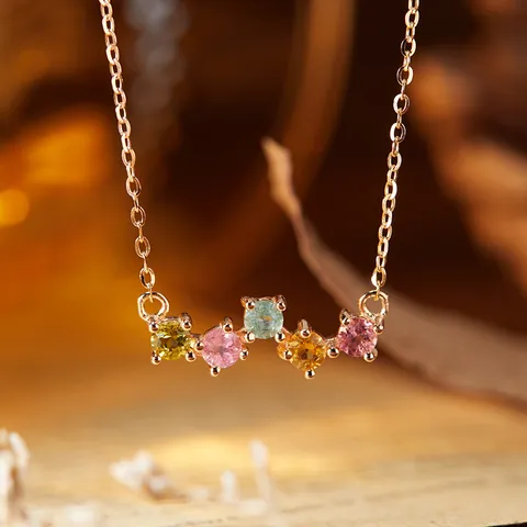 Natural Tourmaline Gemstone Ring Necklace Earrings 925 Sterling Silver Rose Gold Plated Jewelry Set For Women Sweet Style