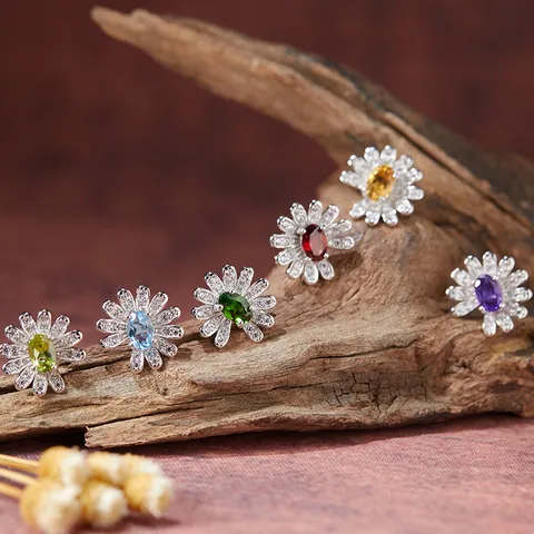 925 Sterling Silver Daisy Stud Earrings And Pendant Necklaces With Oval Natural Gemstones And Rhinestone Fashion Floral Jewelry Gift