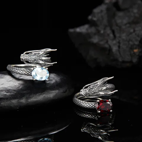 Vintage S925 Sterling Silver Dragon Ring Inlaid Natural Garnet Topaz Thai Silver Open Adjustable Retro Ring For Women Jewelry