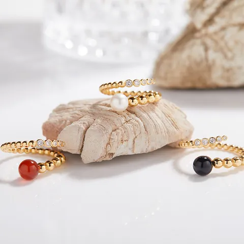 Luxury Original Design 925 Sterling Silver Natural Red Black Agate Freshwater Pearl Inlaid Rhinestone Open Adjustable Ring Jewelry