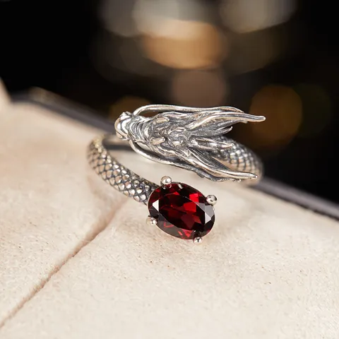 Vintage S925 Sterling Silver Dragon Ring Inlaid Natural Garnet Topaz Thai Silver Open Adjustable Retro Ring For Women Jewelry