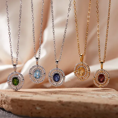 S925 Sterling Silver Natural Sapphire Garnet Topaz Diopside Gemstone Necklace Double Halo Oval Pendant Jewelry For Women