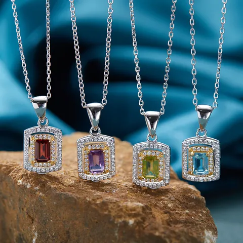 S925 Sterling Silver Natural Amethyst Topaz Citrine Garnet Peridot Necklace Ring Square Cut Rhinestone Inlaid Jewelry For Women