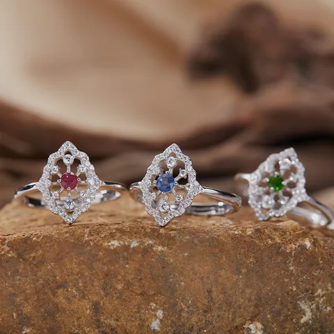 Anello in Argento Sterling S925 con Pietra Preziosa Naturale da Donna Vintage Motivo Geometrico Cavo Tanzanite Citrino Diopside Strass Anello Regolabile Gioielli