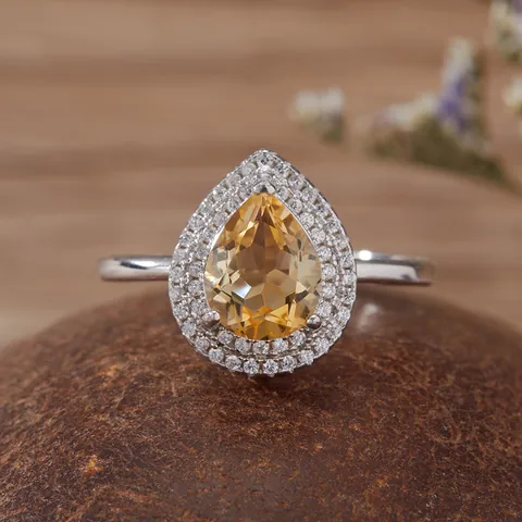 Elegant Pear Cut Natural Amethyst Citrine Topaz 925 Sterling Silver Halo Rhinestone Adjustable Ring For Women Gemstone Jewelry