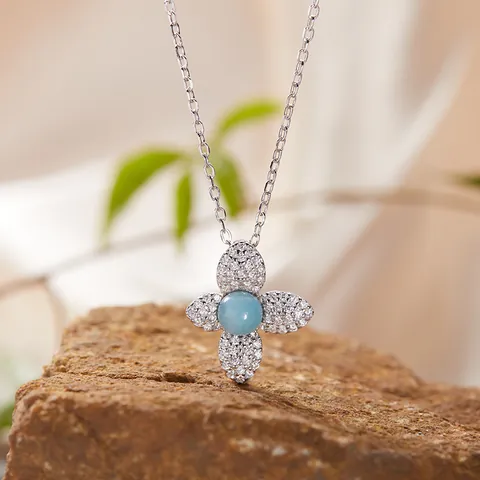 925 Sterling Silver Four Leaf Flower Necklace Freshwater Pearl Larimar Jasper Rhinestone Pendant Necklace Unique Jewelry For Women Party